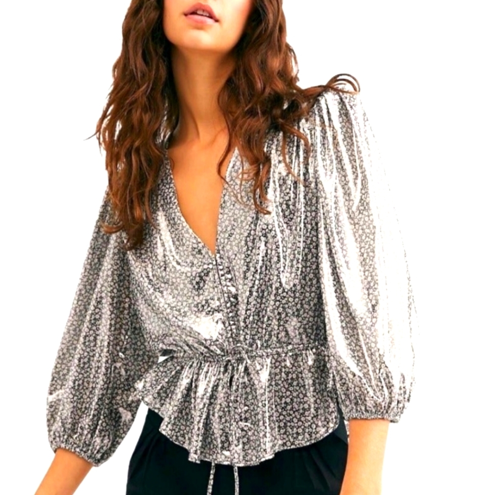 Free People Talk That Talk Silver Floral Top, M
